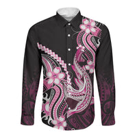 Pink Black Aloha Hawaii Long Sleeve Button Shirt Polynesian Shark Tattoo Plumeria LT14 Unisex Pink - Polynesian Pride