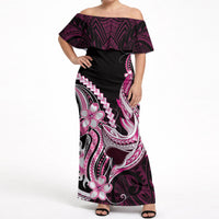 Pink Black Aloha Hawaii Off Shoulder Maxi Dress Polynesian Shark Tattoo Plumeria LT14 Women Pink - Polynesian Pride