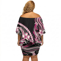 Pink Black Aloha Hawaii Off Shoulder Short Dress Polynesian Shark Tattoo Plumeria LT14 - Polynesian Pride