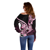 Pink Black Aloha Hawaii Off Shoulder Sweater Polynesian Shark Tattoo Plumeria