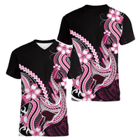 Pink Black Aloha Hawaii Women V-Neck T-Shirt Polynesian Shark Tattoo Plumeria