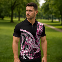 Pink Black Aloha Hawaii Zipper Polo Shirt Polynesian Shark Tattoo Plumeria LT14 - Polynesian Pride