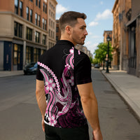 Pink Black Aloha Hawaii Zipper Polo Shirt Polynesian Shark Tattoo Plumeria LT14 - Polynesian Pride