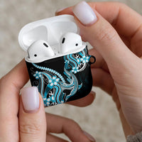 Blue Black Aloha Hawaii AirPods Case Polynesian Shark Tattoo Plumeria