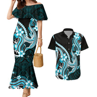 Blue Black Aloha Hawaii Couples Matching Mermaid Dress and Hawaiian Shirt Polynesian Shark Tattoo Plumeria LT14 Blue - Polynesian Pride