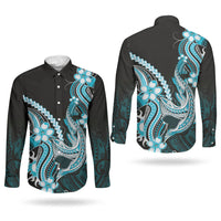 Blue Black Aloha Hawaii Couples Matching Mermaid Dress and Long Sleeve Button Shirt Polynesian Shark Tattoo Plumeria LT14 - Polynesian Pride