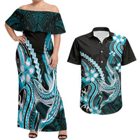 Blue Black Aloha Hawaii Couples Matching Off Shoulder Maxi Dress and Hawaiian Shirt Polynesian Shark Tattoo Plumeria LT14 Blue - Polynesian Pride