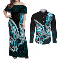 Blue Black Aloha Hawaii Couples Matching Off Shoulder Maxi Dress and Long Sleeve Button Shirt Polynesian Shark Tattoo Plumeria LT14 Blue - Polynesian Pride