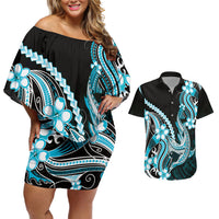 Blue Black Aloha Hawaii Couples Matching Off Shoulder Short Dress and Hawaiian Shirt Polynesian Shark Tattoo Plumeria LT14 Blue - Polynesian Pride