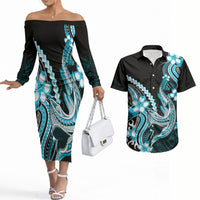 Blue Black Aloha Hawaii Couples Matching Off The Shoulder Long Sleeve Dress and Hawaiian Shirt Polynesian Shark Tattoo Plumeria LT14 Blue - Polynesian Pride