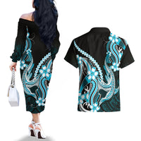 Blue Black Aloha Hawaii Couples Matching Off The Shoulder Long Sleeve Dress and Hawaiian Shirt Polynesian Shark Tattoo Plumeria LT14 - Polynesian Pride