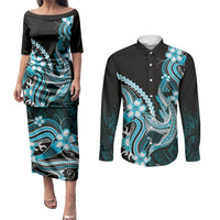 Blue Black Aloha Hawaii Couples Matching Puletasi and Long Sleeve Button Shirt Polynesian Shark Tattoo Plumeria LT14 Blue - Polynesian Pride