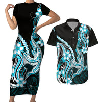 Blue Black Aloha Hawaii Couples Matching Short Sleeve Bodycon Dress and Hawaiian Shirt Polynesian Shark Tattoo Plumeria LT14 Blue - Polynesian Pride