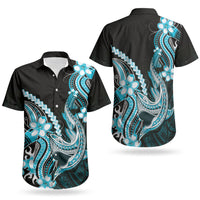 Blue Black Aloha Hawaii Couples Matching Short Sleeve Bodycon Dress and Hawaiian Shirt Polynesian Shark Tattoo Plumeria LT14 - Polynesian Pride