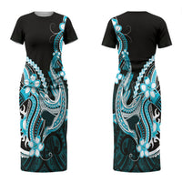 Blue Black Aloha Hawaii Couples Matching Short Sleeve Bodycon Dress and Hawaiian Shirt Polynesian Shark Tattoo Plumeria LT14 - Polynesian Pride