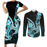 Blue Black Aloha Hawaii Couples Matching Short Sleeve Bodycon Dress and Long Sleeve Button Shirt Polynesian Shark Tattoo Plumeria LT14 Blue - Polynesian Pride