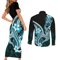 Blue Black Aloha Hawaii Couples Matching Short Sleeve Bodycon Dress and Long Sleeve Button Shirt Polynesian Shark Tattoo Plumeria LT14 - Polynesian Pride
