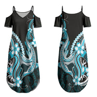 Blue Black Aloha Hawaii Couples Matching Summer Maxi Dress and Long Sleeve Button Shirt Polynesian Shark Tattoo Plumeria LT14 - Polynesian Pride