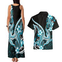 Blue Black Aloha Hawaii Couples Matching Tank Maxi Dress and Hawaiian Shirt Polynesian Shark Tattoo Plumeria