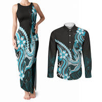 Blue Black Aloha Hawaii Couples Matching Tank Maxi Dress and Long Sleeve Button Shirt Polynesian Shark Tattoo Plumeria LT14 Blue - Polynesian Pride