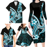 Blue Black Aloha Hawaii Family Matching Long Sleeve Bodycon Dress and Hawaiian Shirt Polynesian Shark Tattoo Plumeria LT14 - Polynesian Pride