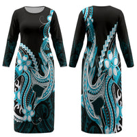 Blue Black Aloha Hawaii Family Matching Long Sleeve Bodycon Dress and Hawaiian Shirt Polynesian Shark Tattoo Plumeria LT14 Mom's Dress Blue - Polynesian Pride