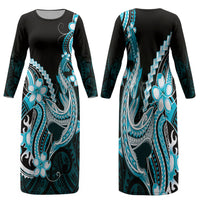 Blue Black Aloha Hawaii Family Matching Long Sleeve Bodycon Dress and Hawaiian Shirt Polynesian Shark Tattoo Plumeria LT14 Mom's Dress Blue - Polynesian Pride
