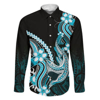 Blue Black Aloha Hawaii Family Matching Long Sleeve Bodycon Dress and Hawaiian Shirt Polynesian Shark Tattoo Plumeria LT14 Daughter's Dress Blue - Polynesian Pride