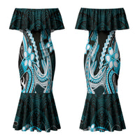 Blue Black Aloha Hawaii Family Matching Mermaid Dress and Hawaiian Shirt Polynesian Shark Tattoo Plumeria LT14 Mom's Dress Blue - Polynesian Pride