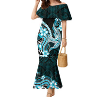 Blue Black Aloha Hawaii Family Matching Mermaid Dress and Hawaiian Shirt Polynesian Shark Tattoo Plumeria
