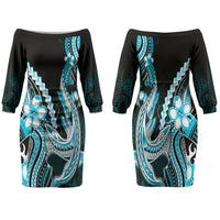Blue Black Aloha Hawaii Family Matching Off The Shoulder Long Sleeve Dress and Hawaiian Shirt Polynesian Shark Tattoo Plumeria LT14 Mom's Dress Blue - Polynesian Pride