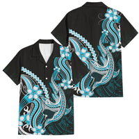 Blue Black Aloha Hawaii Family Matching Off The Shoulder Long Sleeve Dress and Hawaiian Shirt Polynesian Shark Tattoo Plumeria LT14 Dad's Shirt - Short Sleeve Blue - Polynesian Pride