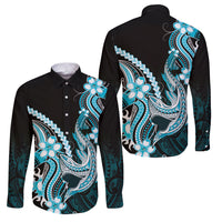 Blue Black Aloha Hawaii Family Matching Off The Shoulder Long Sleeve Dress and Hawaiian Shirt Polynesian Shark Tattoo Plumeria LT14 Dad's Shirt - Long Sleeve Blue - Polynesian Pride