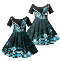 Blue Black Aloha Hawaii Family Matching Off The Shoulder Long Sleeve Dress and Hawaiian Shirt Polynesian Shark Tattoo Plumeria LT14 Daughter's Dress Blue - Polynesian Pride