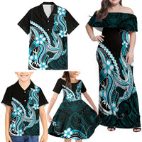 Blue Black Aloha Hawaii Family Matching Off Shoulder Maxi Dress and Hawaiian Shirt Polynesian Shark Tattoo Plumeria