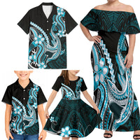 Blue Black Aloha Hawaii Family Matching Off Shoulder Maxi Dress and Hawaiian Shirt Polynesian Shark Tattoo Plumeria LT14 - Polynesian Pride