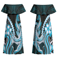 Blue Black Aloha Hawaii Family Matching Off Shoulder Maxi Dress and Hawaiian Shirt Polynesian Shark Tattoo Plumeria LT14 Mom's Dress Blue - Polynesian Pride