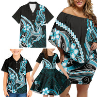 Blue Black Aloha Hawaii Family Matching Off Shoulder Short Dress and Hawaiian Shirt Polynesian Shark Tattoo Plumeria LT14 - Polynesian Pride