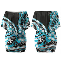 Blue Black Aloha Hawaii Family Matching Off Shoulder Short Dress and Hawaiian Shirt Polynesian Shark Tattoo Plumeria LT14 Mom's Dress Blue - Polynesian Pride