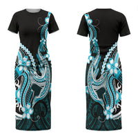 Blue Black Aloha Hawaii Family Matching Short Sleeve Bodycon Dress and Hawaiian Shirt Polynesian Shark Tattoo Plumeria LT14 Mom's Dress Blue - Polynesian Pride