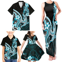Blue Black Aloha Hawaii Family Matching Tank Maxi Dress and Hawaiian Shirt Polynesian Shark Tattoo Plumeria