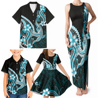 Blue Black Aloha Hawaii Family Matching Tank Maxi Dress and Hawaiian Shirt Polynesian Shark Tattoo Plumeria LT14 - Polynesian Pride