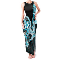 Blue Black Aloha Hawaii Family Matching Tank Maxi Dress and Hawaiian Shirt Polynesian Shark Tattoo Plumeria