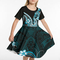 Blue Black Aloha Hawaii Kid Short Sleeve Dress Polynesian Shark Tattoo Plumeria LT14 - Polynesian Pride