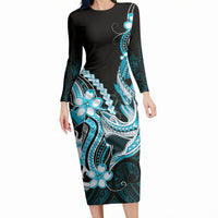Blue Black Aloha Hawaii Long Sleeve Bodycon Dress Polynesian Shark Tattoo Plumeria LT14 Long Dress Blue - Polynesian Pride