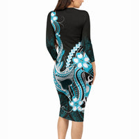Blue Black Aloha Hawaii Long Sleeve Bodycon Dress Polynesian Shark Tattoo Plumeria LT14 - Polynesian Pride