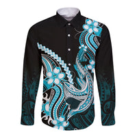 Blue Black Aloha Hawaii Long Sleeve Button Shirt Polynesian Shark Tattoo Plumeria LT14 Unisex Blue - Polynesian Pride