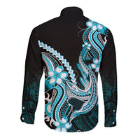 Blue Black Aloha Hawaii Long Sleeve Button Shirt Polynesian Shark Tattoo Plumeria LT14 - Polynesian Pride