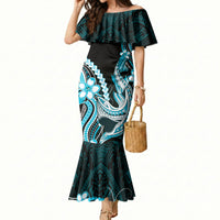 Blue Black Aloha Hawaii Mermaid Dress Polynesian Shark Tattoo Plumeria LT14 Women Blue - Polynesian Pride