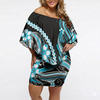 Blue Black Aloha Hawaii Off Shoulder Short Dress Polynesian Shark Tattoo Plumeria LT14 Women Blue - Polynesian Pride